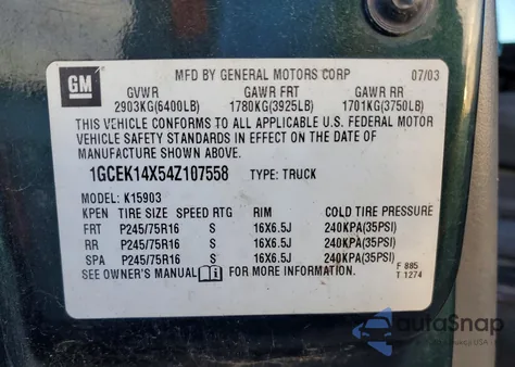 2004 Chevrolet Silverado K1500 z USA, uszkodzony, nr VIN 1GCEK14X54Z107558